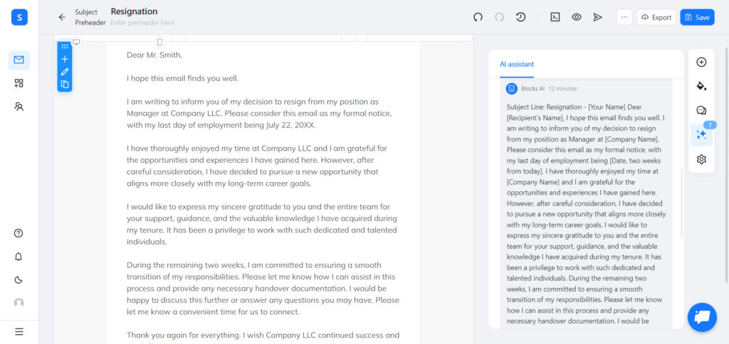 A resignation email template in Blocks with the text generated by the AI assistant.
