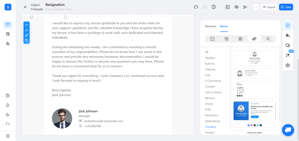 A resignation email template in Blocks showcasing a signature created from the ready-made block.