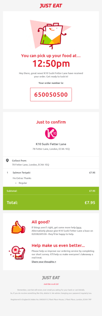 Confirmation email example by Just Eat that showcases the company's branding and style.