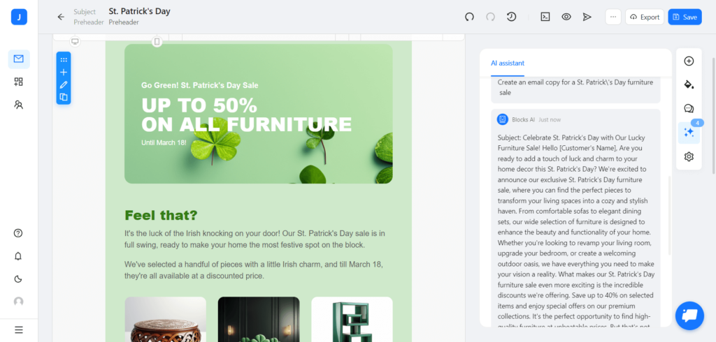 Email template in Blocks with AI assistant & generated email copy.