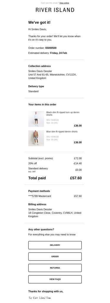 Confirmation email example by ASOS that showcases how a mobile-friendly email may look like.