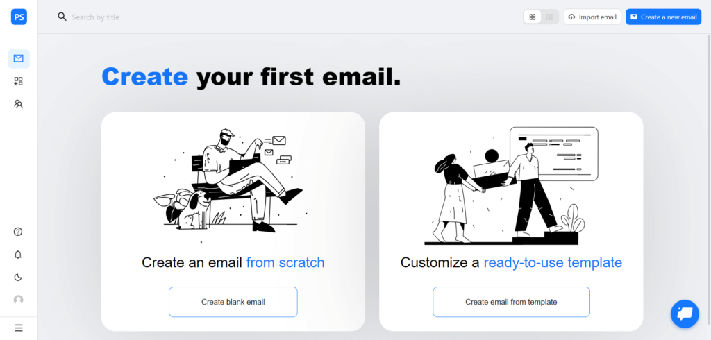 Welcome screen in Blocks that offers the users to either create a blank email or choose a template.