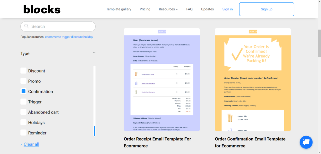 Confirmation email templates in Blocks template gallery.