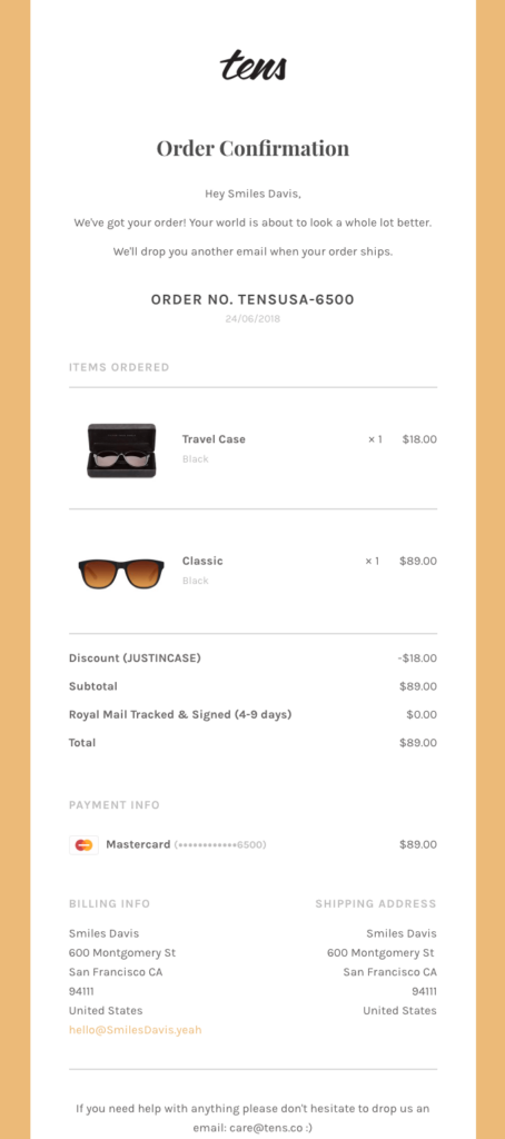 Order confirmation email example by Tens that showcases the order details.