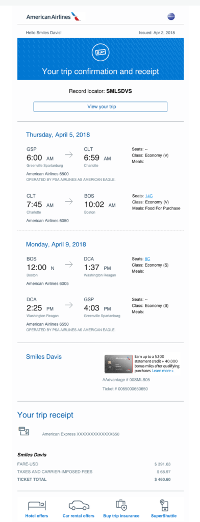 Booking confirmation email example by American Airlines with flight details and trip receipt.