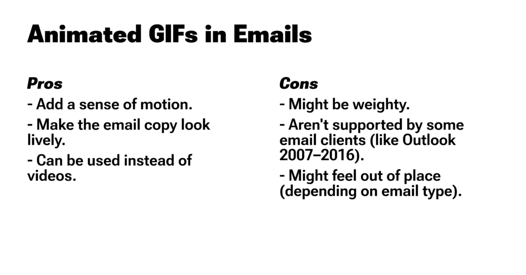 a list of pros and cons of using gif animations in emails