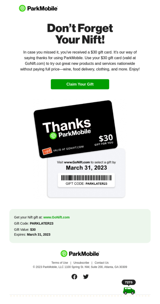 Reminder email example by Park Mobile that shows the gift card image and the "Claim Your Gift" call-to-action.