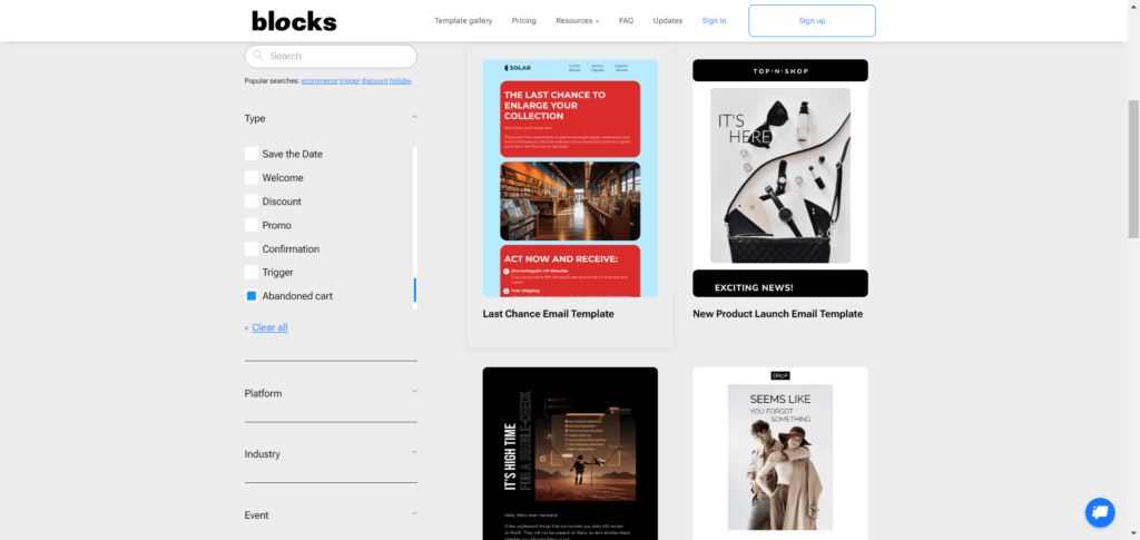 Blocks template gallery showcasing different reminder email templates.