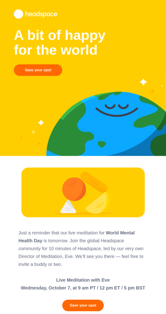 Gentle reminder email example by Headspace that reminds the subscriber about the upcoming live meditation.