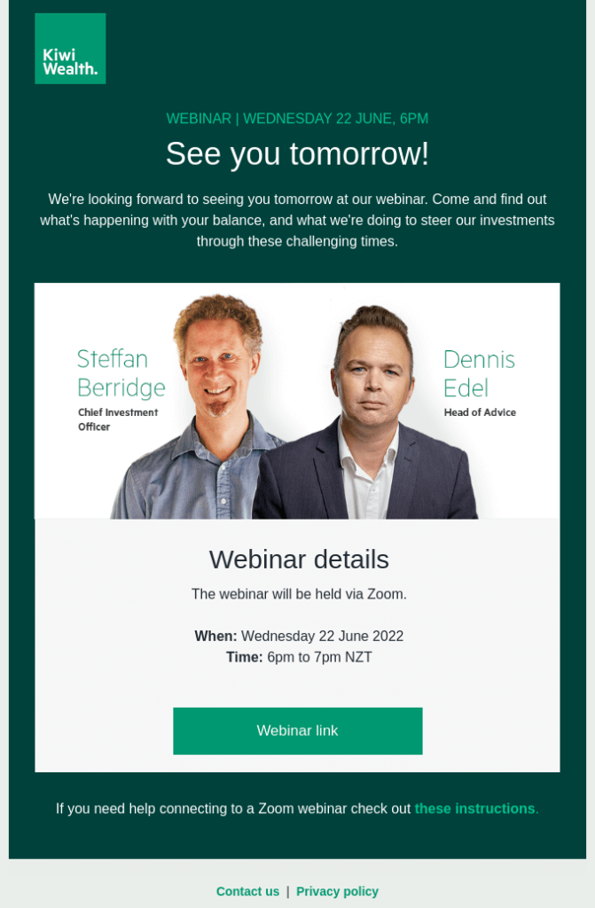 Reminder email example by Kiwi Wealth that provides the information about the upcoming webinar.