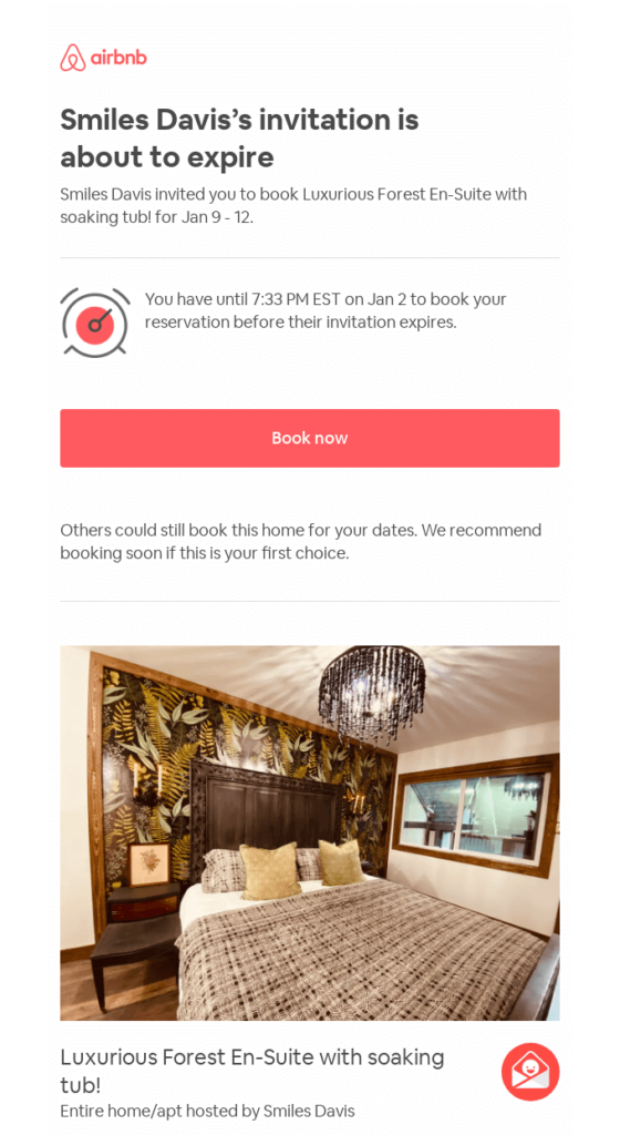 Reminder email example by Airbnb that indicates the invitation expiration date.