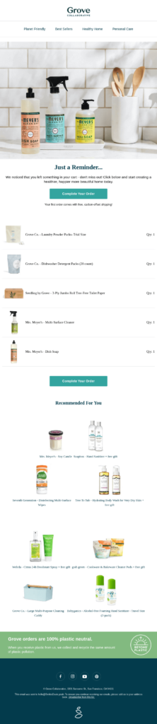 Reminder email example by Grove Collaborative that shows the goods in the abandoned cart and the "Recommended For You" section.