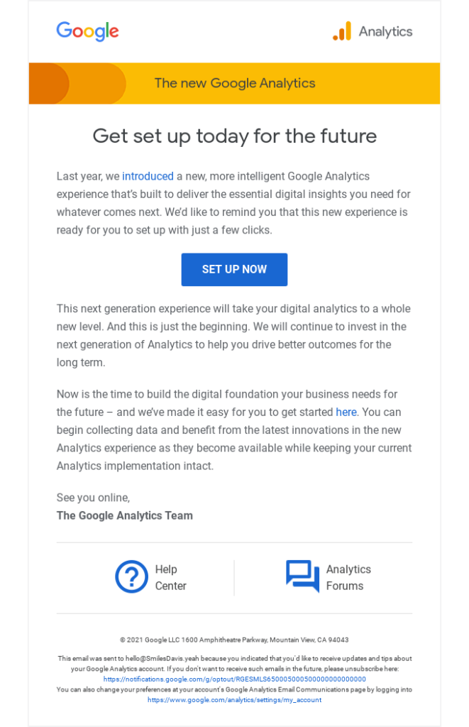 Reminder email example by Google that invites the user to set up Google Analytics.