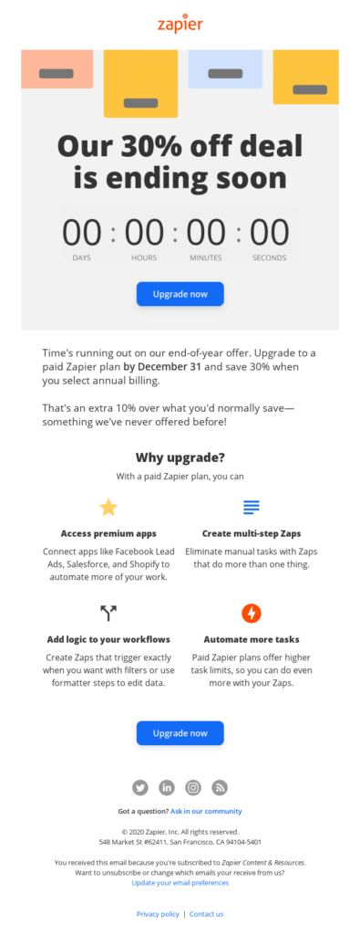 Reminder email example by Zapier that showcases a countdown timer.