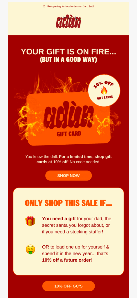 Urgent email example by Adùn picturing a gift card on fire