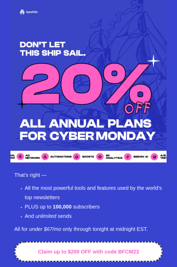 Cyber monday email example by beehiiv