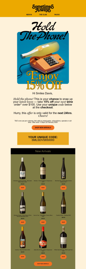 An email example by Sometimes Always that showcases vintage design in visuals and fonts.