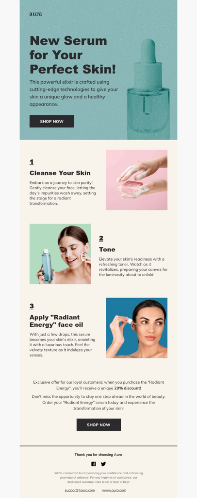 A ready-to-use Serum for Your Skin Email Template that incorporates block layout design.