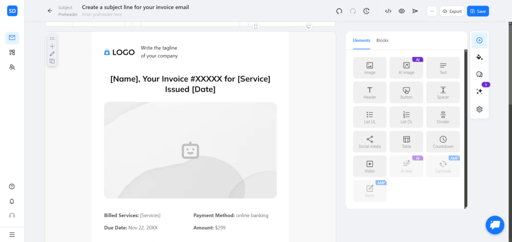 Invoice email example created in Blocks.