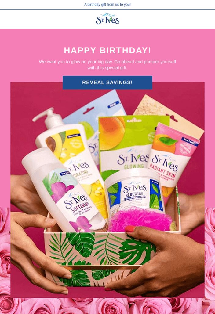 Birthday email example by St. Ives that showcases a simple approach, with a short text and an emphasis on visuals.