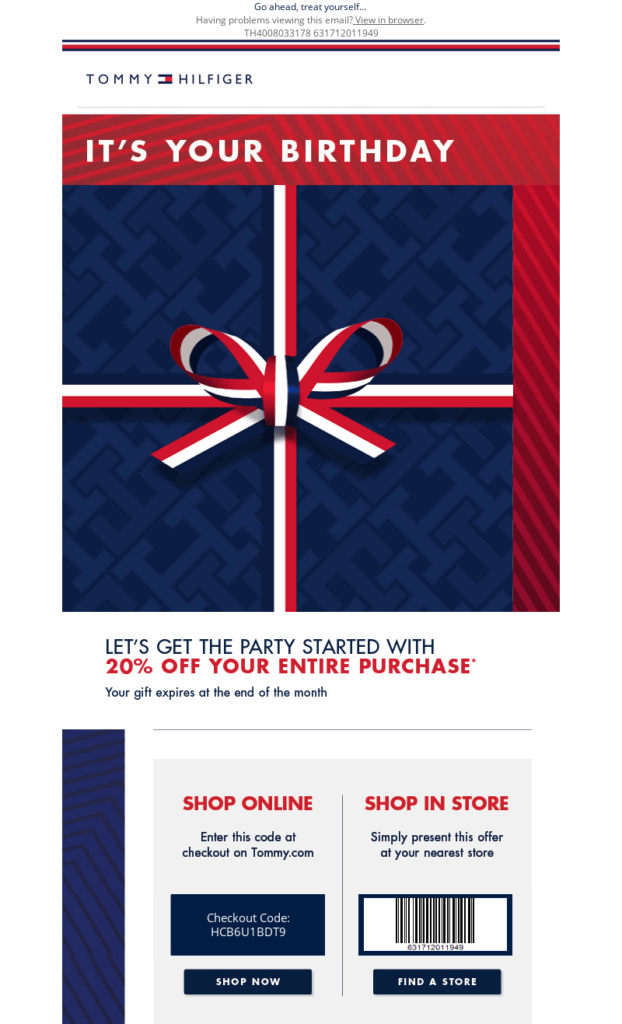 Birthday email example by Tommy Hilfiger that includes a personalized subject line and exclusive discount codes.