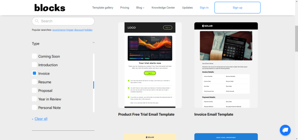 Invoice category and invoice email template in the template gallery.