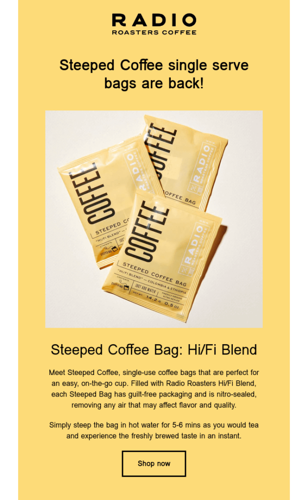 Back-in-stock email by Radio Roasters Coffee that includes the benefits and instructions for instant coffee.