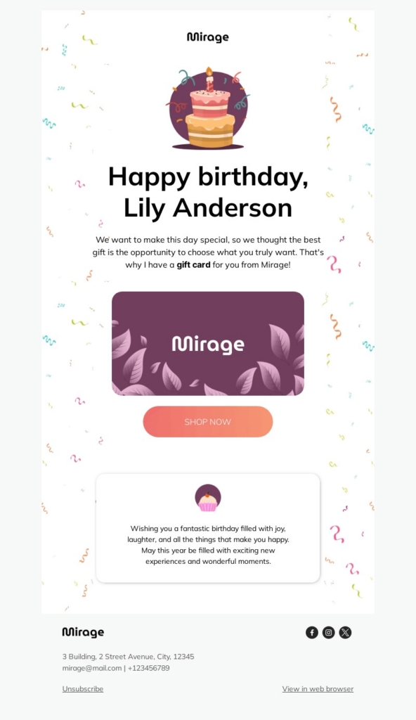 Birthday Gift Card Email Template by Blocks that incorporates various birthday elements and a gift card.