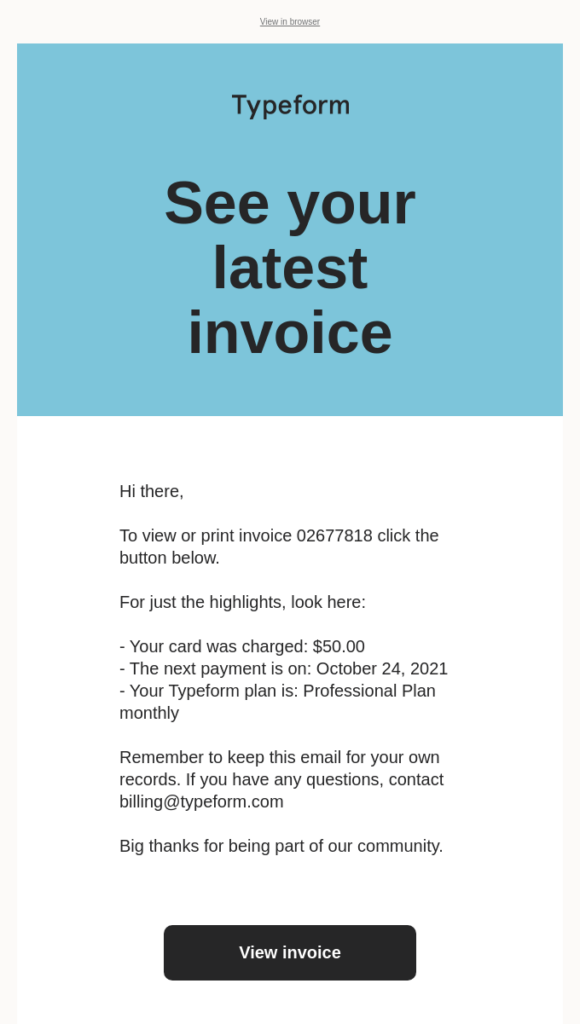 Email by Typeform that serves as both the confirmation and invoice email example.