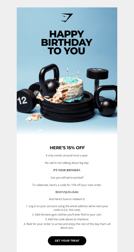 Birthday email example by Gymshark that includes detailed instructions on how to redeem the gift.