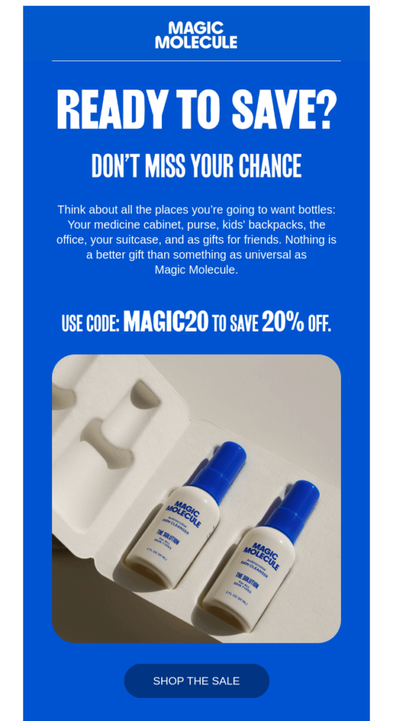 Urgent email by Magic Molecule announcing a sale