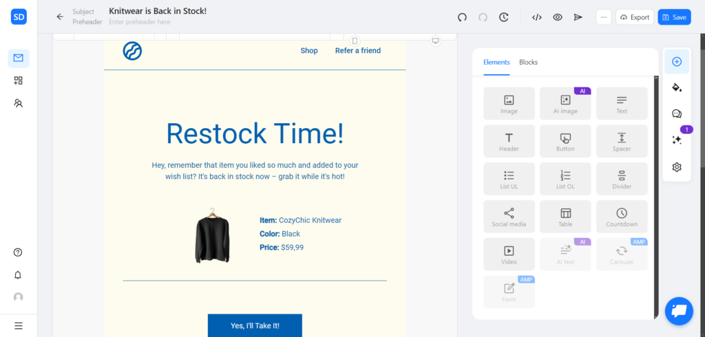 Back-in-stock email template created using Blocks.