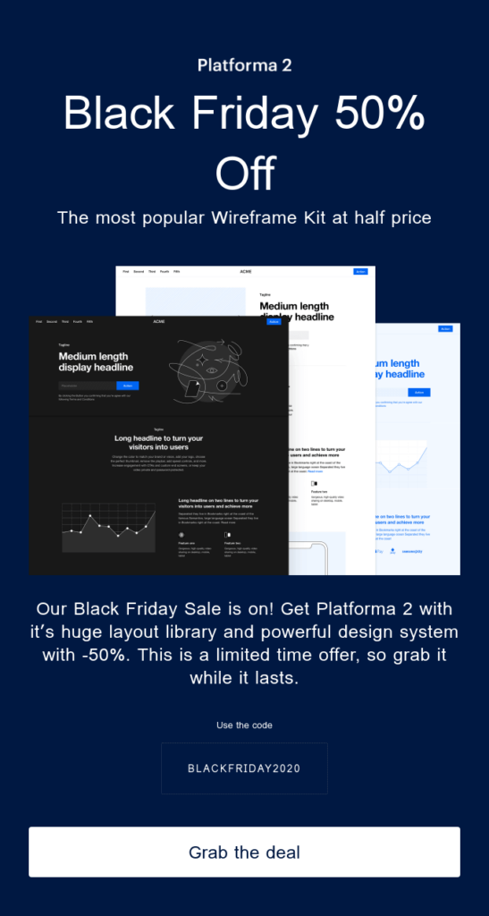 An email example by Platforma that showcases a dark mode-friendly design.