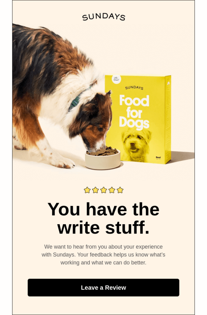 Review request email example by Sundays that features a short email copy and an image of a dog eating the brand's dog food.