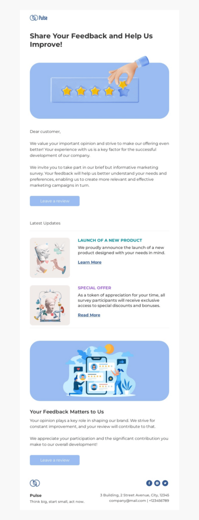 Customer review email template by Blocks that explains the importance of customer feedback.