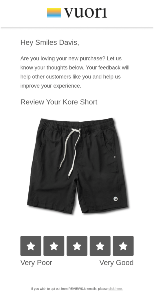 Review request email example by Vuori featuring a 5-star ranking scale that leads to the review form.