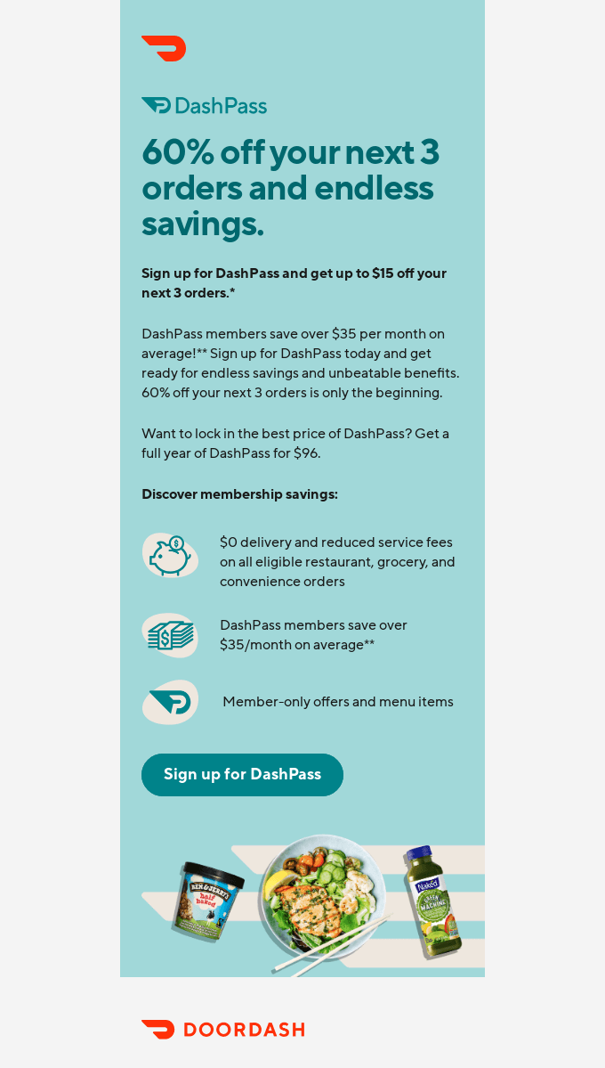 Upsell email example by DoorDash describing customers' savings