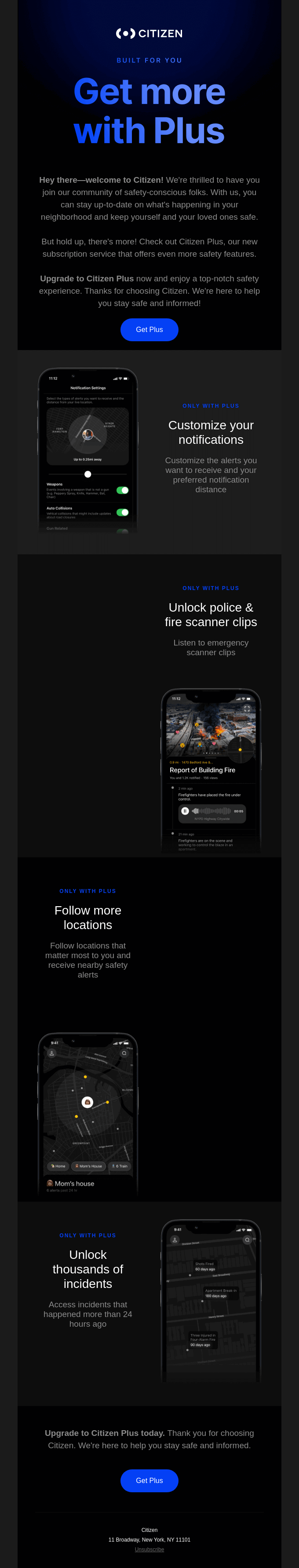Upsell email appealing to the feeling of safety by Citizen