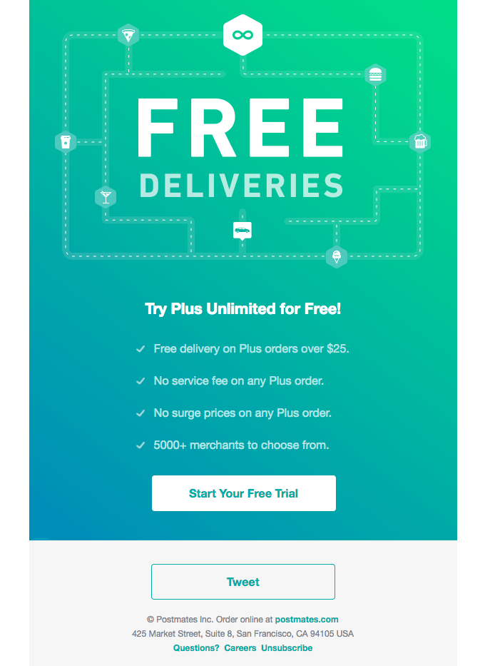 Upsell email by Postmates announcing free deliveries