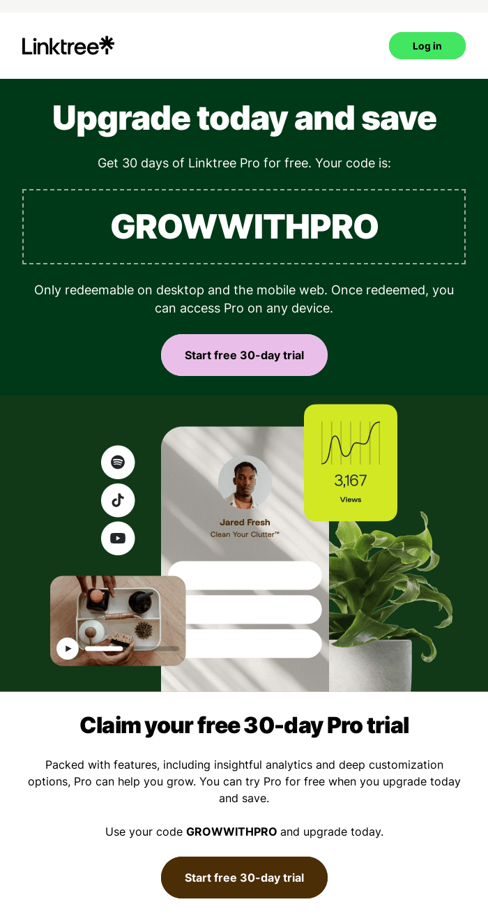 Upsell email by Linktree offering a free trial period