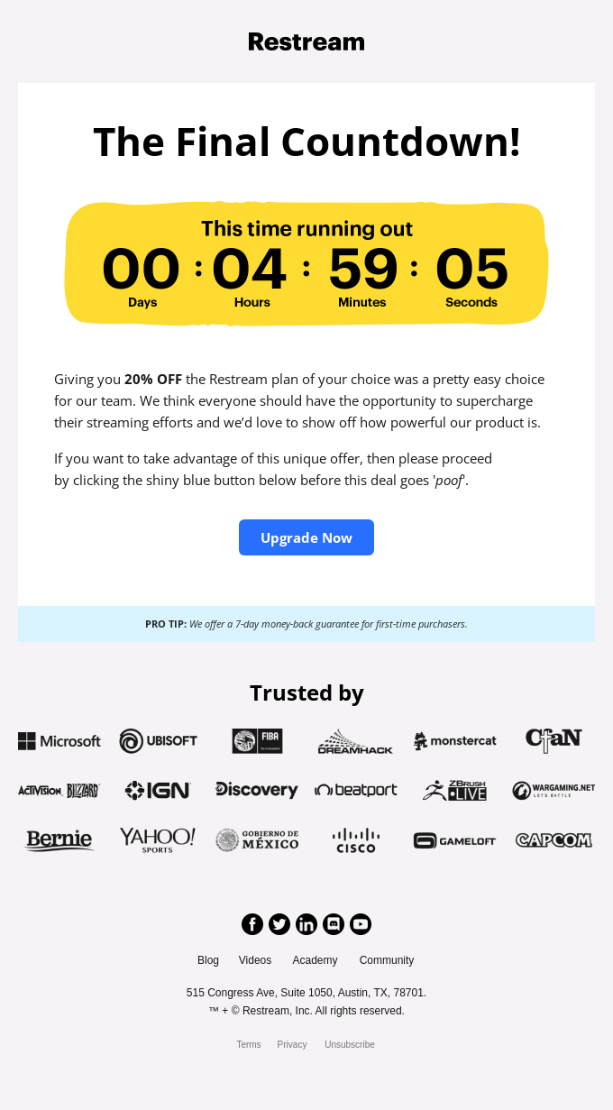 Upsell email example with a countdown timer by Restream